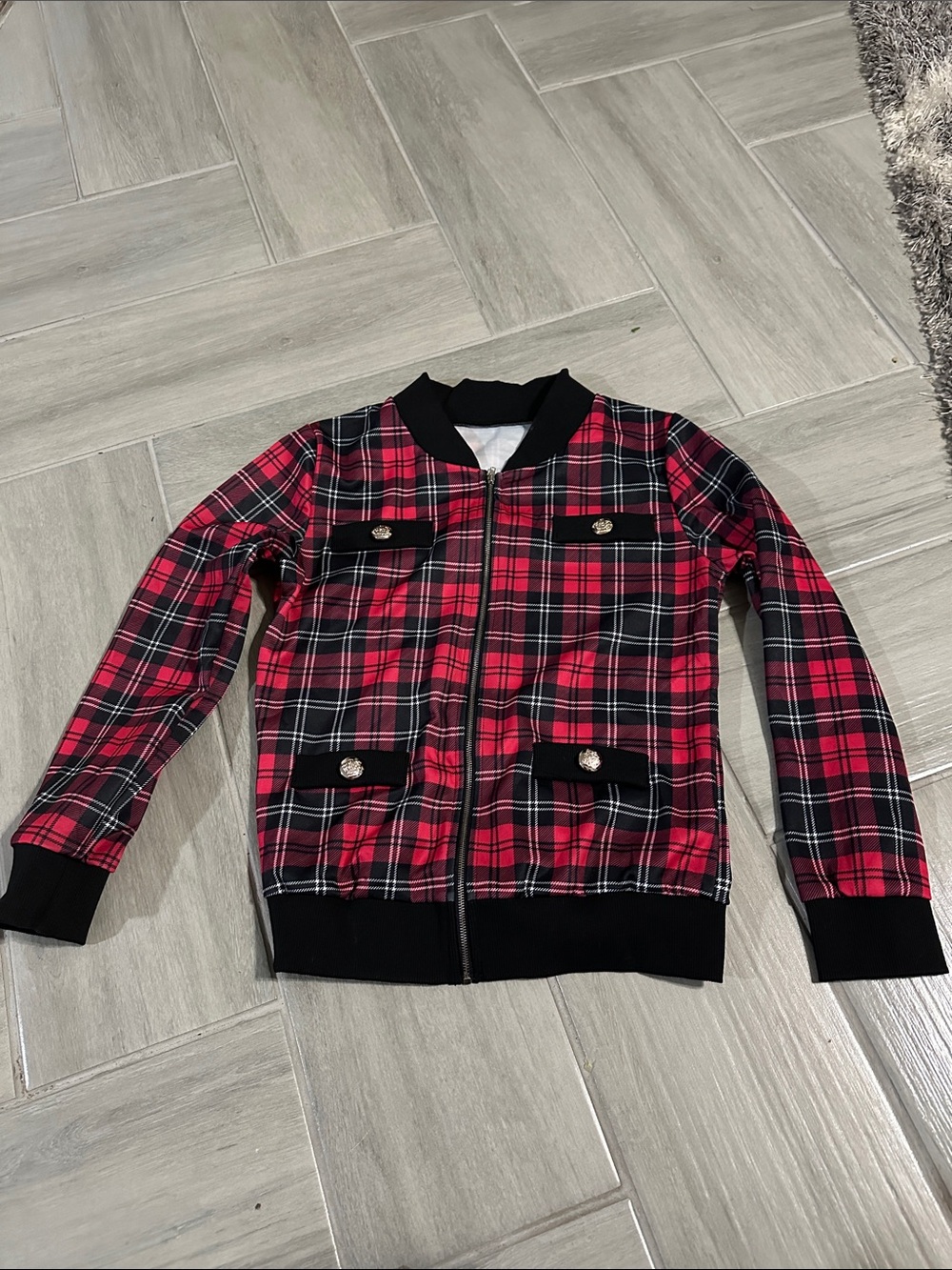 Red Plaid Varsity Jacket with Black Trim